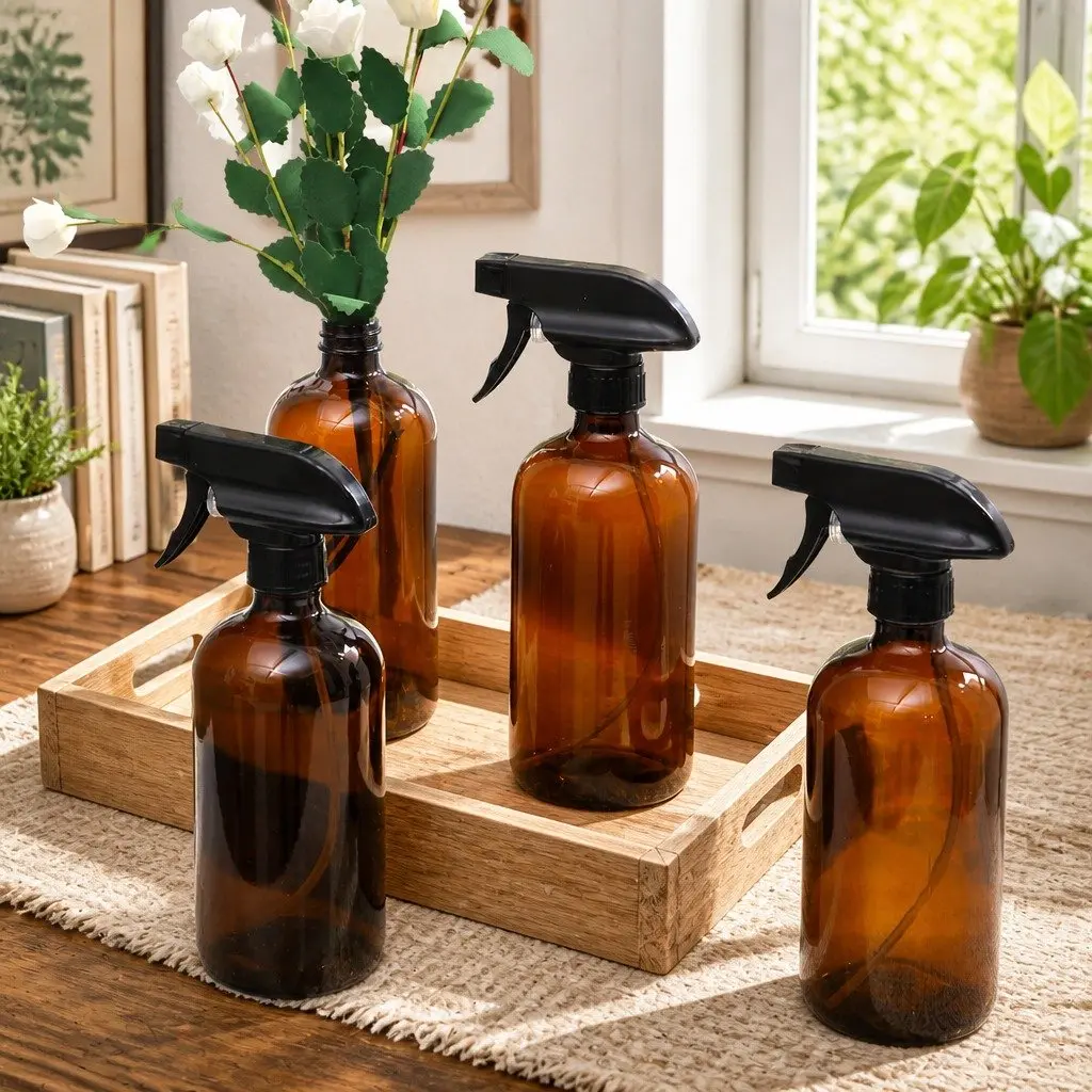 Amber Glass Spray Bottles 500ml Ergonomic Trigger Nozzle Rotatable Nozzle Fine Mist Stream