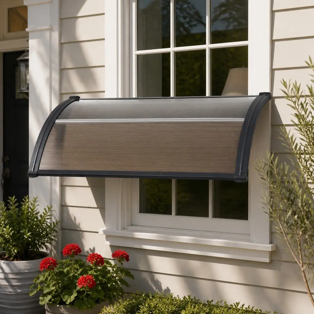 Window Door Awning Brown 0.8m x 1m PC Panel Hollow Shade Canopy UV and Rain Resistant