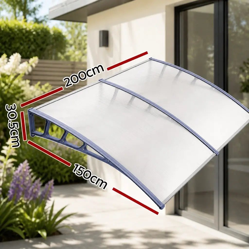 Awning Canopy Clear Panel 1.5M x 2M Grey Frame UV and Rain Resistant Outdoor Shade