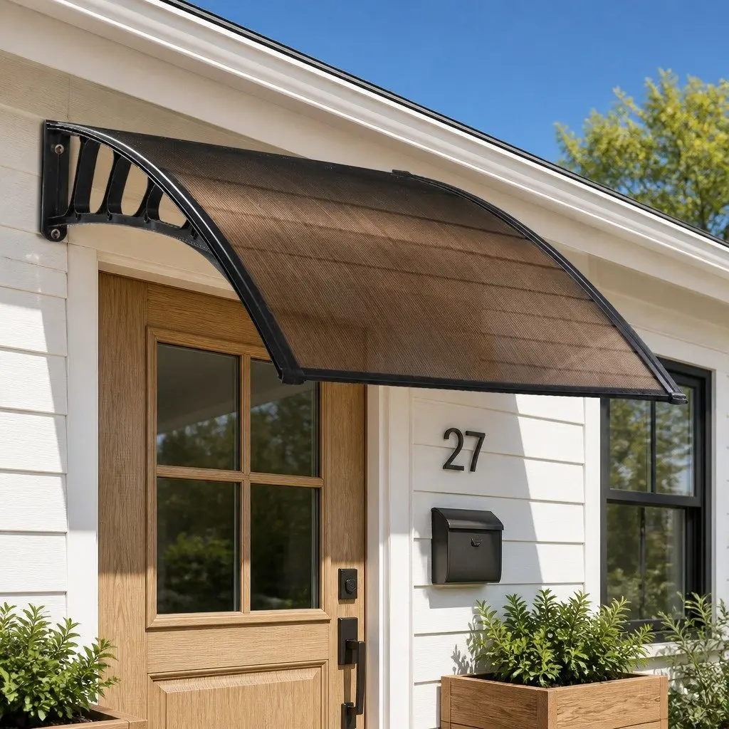 Awning Canopy Brown 1.5M x 3M PC Panel Black Bracket Outdoor Shade