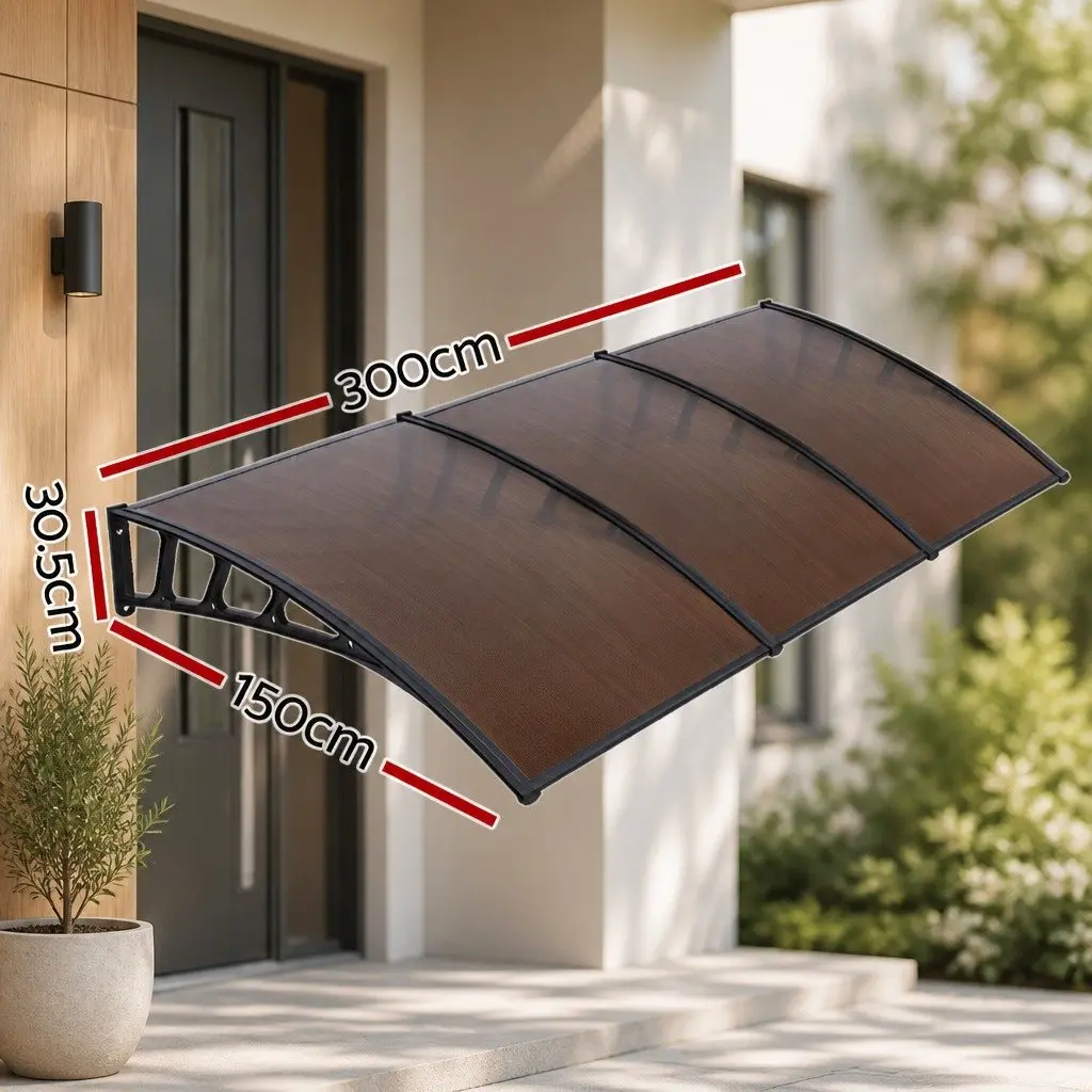 Awning Canopy Brown 1.5M x 3M PC Panel Black Bracket Outdoor Shade