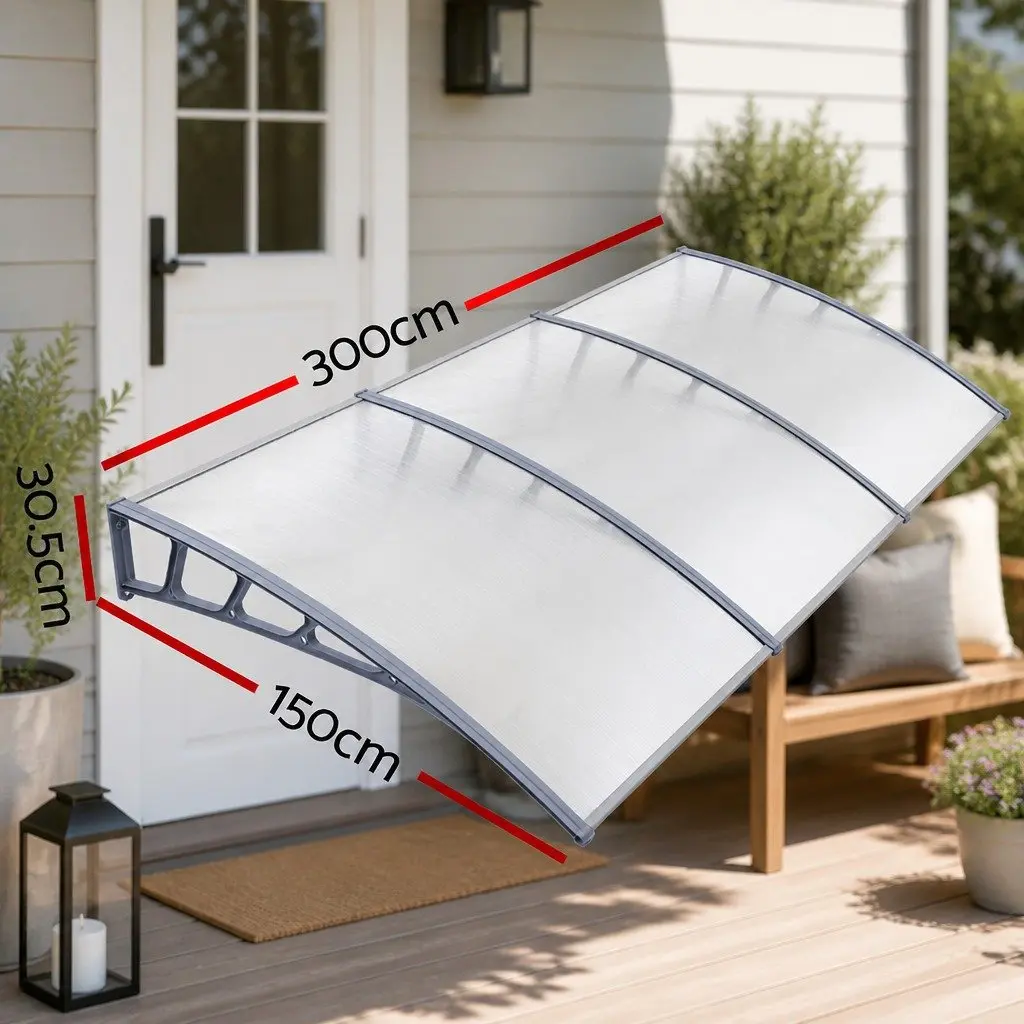Window Door Awning Canopy 1.5m x 3m Clear Panel Grey Brackets DIY Installation