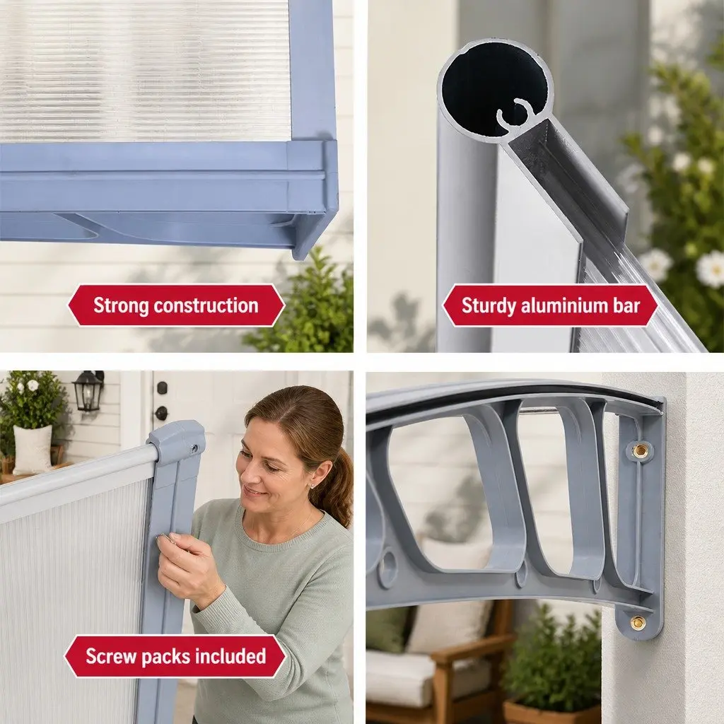 Window Door Awning Canopy 1.5m x 3m Clear Panel Grey Brackets DIY Installation
