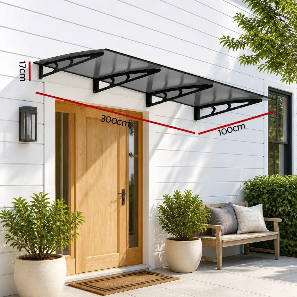 Window Door Awning Canopy 1m x 3m Grey Polycarbonate Panel Metal Frame Porch