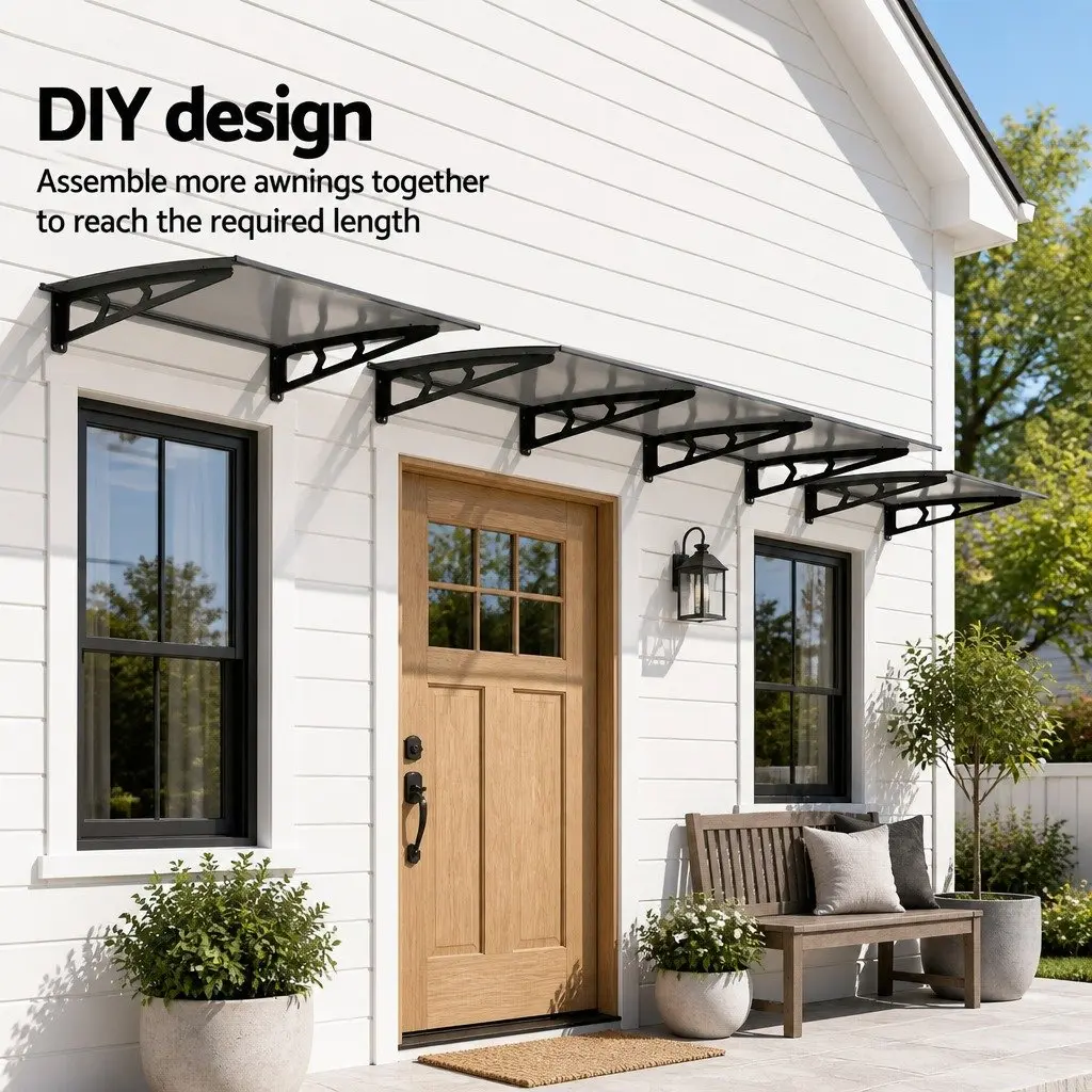 Window Door Awning Canopy 1m x 3m Grey Polycarbonate Panel Metal Frame Porch