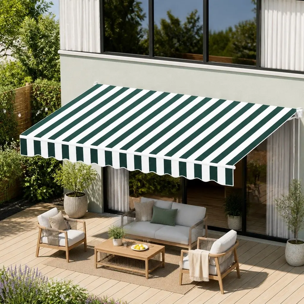 Folding Arm Awning Green White 3m x 2.5m Manual Retractable Sunshade