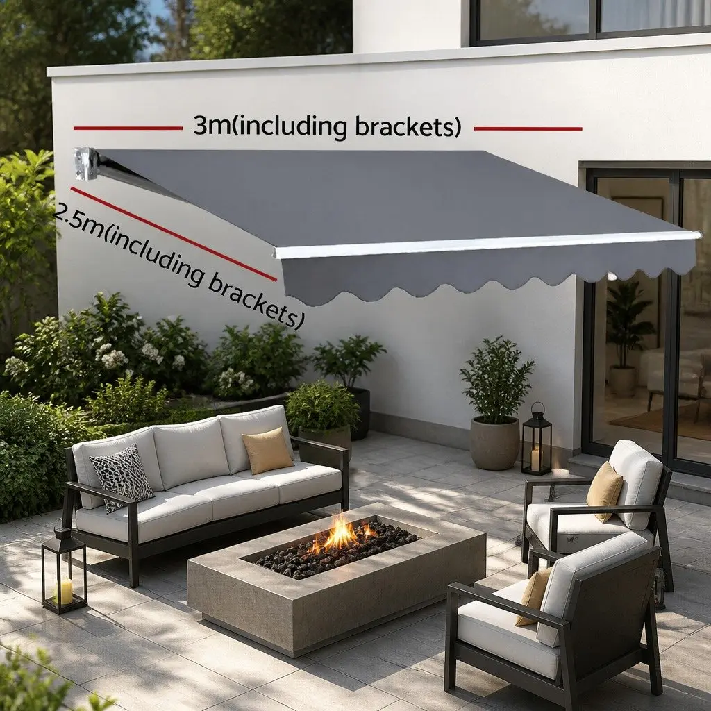 Folding Arm Awning Grey 3m x 2.5m Manual Retractable Sunshade Outdoor Patio Garden