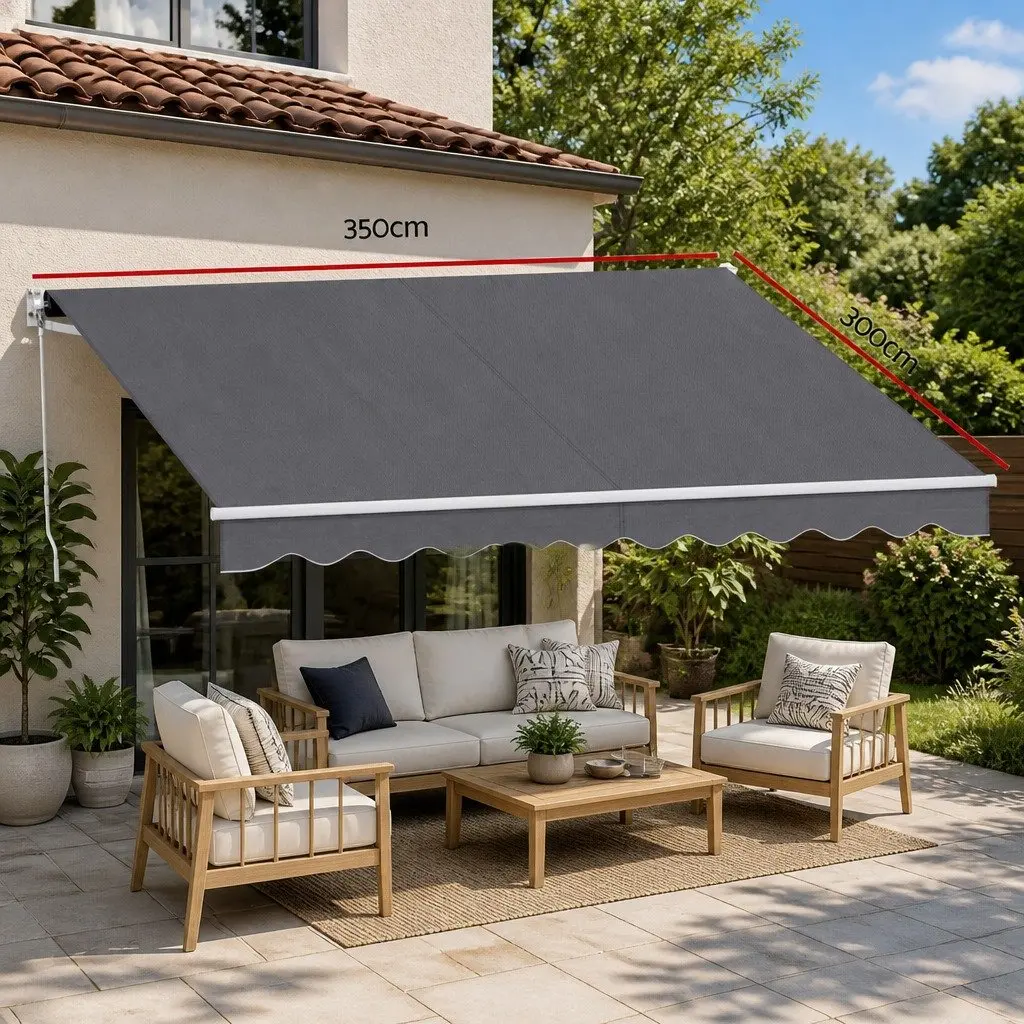 Retractable Folding Arm Awning Manual Sunshade 3.5M x 3M Grey Outdoor