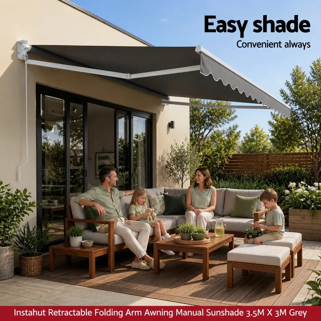 Retractable Folding Arm Awning Manual Sunshade 3.5M x 3M Grey Outdoor