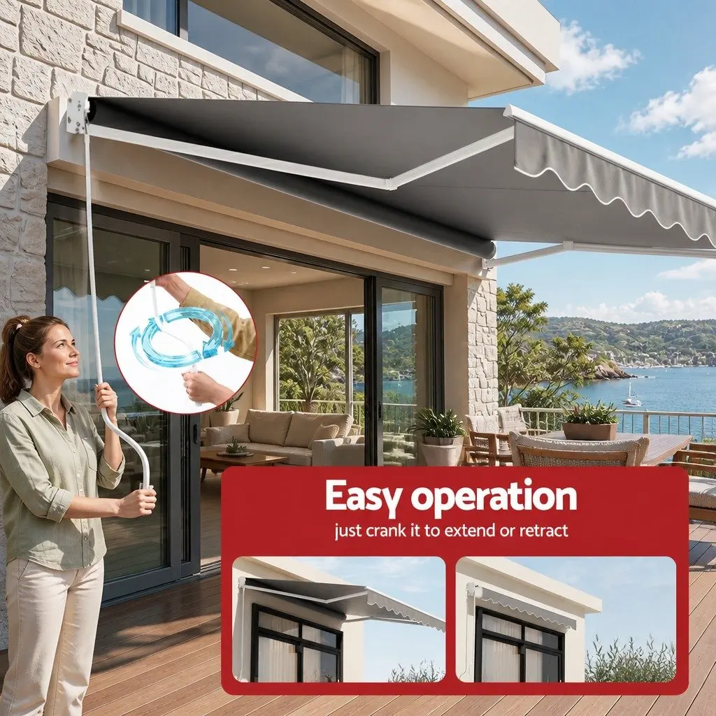 Retractable Folding Arm Awning Manual Sunshade 3.5M x 3M Grey Outdoor