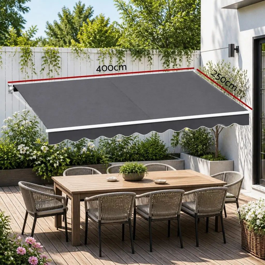 Folding Arm Awning Grey 4m x 2.5m Manual Retractable Sunshade Outdoor Patio