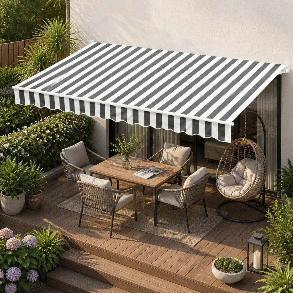 Folding Arm Awning Grey 4.5M x 3M Retractable Manual Hand Crank Sunshade