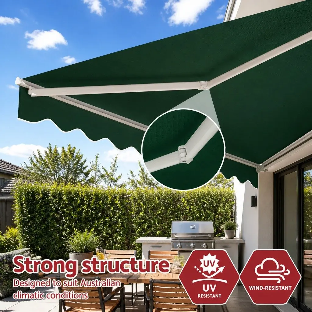 Folding Arm Awning Dark Green 5m x 3m Retractable Manual Hand Crank Sunshade