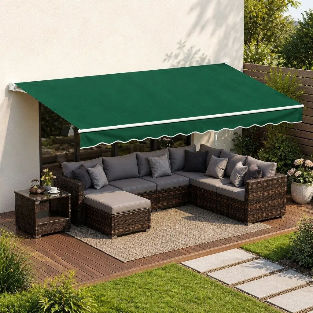 Folding Arm Awning Dark Green 5m x 3m Retractable Manual Hand Crank Sunshade