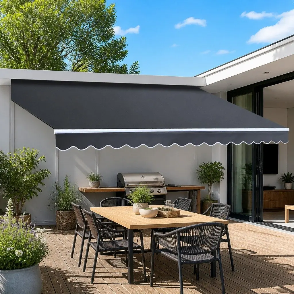 Folding Arm Awning Grey 5m x 3m Manual Retractable Sunshade Outdoor Patio Garden Shade