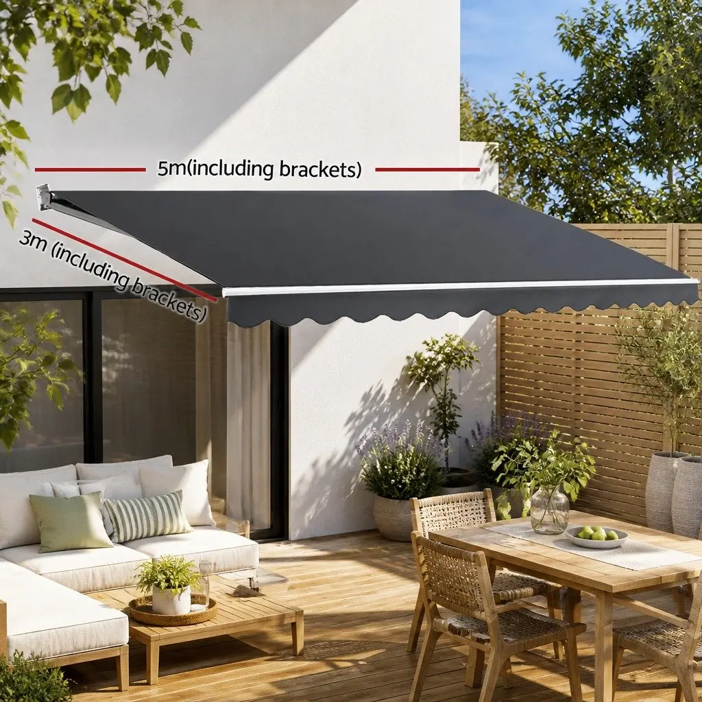 Folding Arm Awning Grey 5m x 3m Manual Retractable Sunshade Outdoor Patio Garden Shade