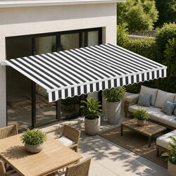 Retractable Folding Arm Awning Manual Hand Crank 5m x 3m Sunshade Grey White