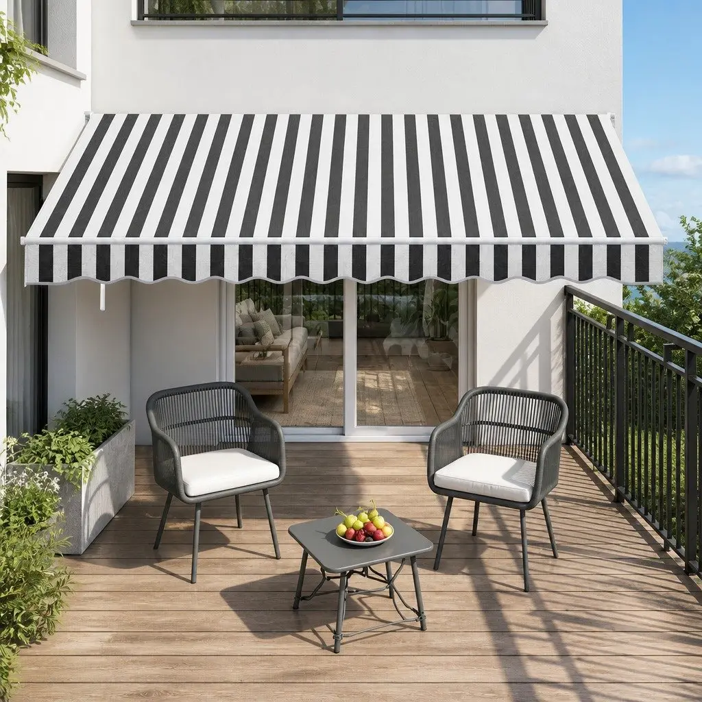 Retractable Folding Arm Awning Manual Hand Crank 5m x 3m Sunshade Grey White
