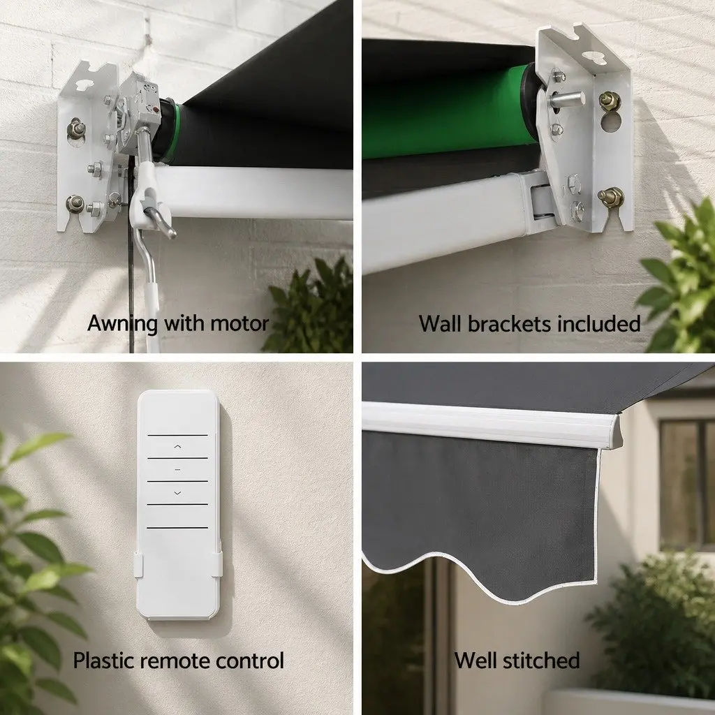 Motorised Retractable Folding Arm Awning Grey 2.5M x 2M Adjustable UV Resistant Waterproof Fabric