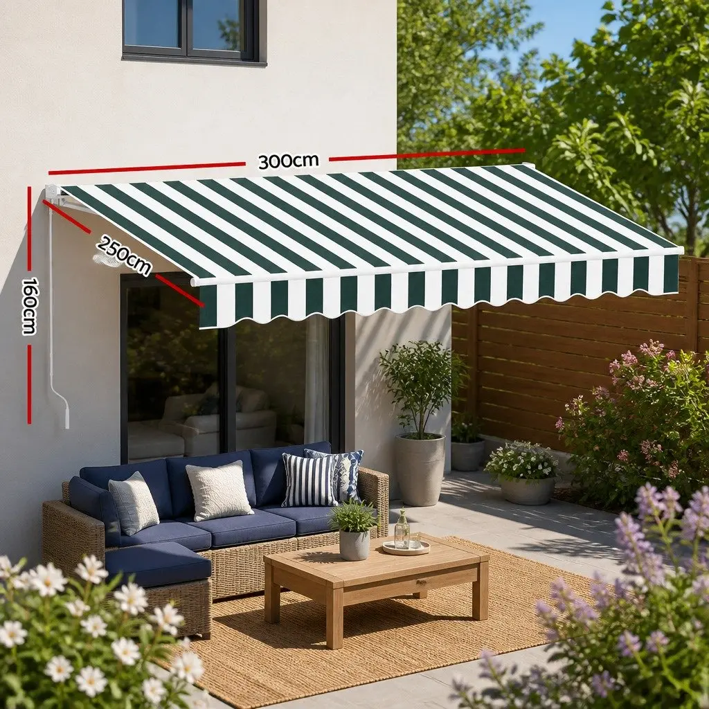 Folding Arm Awning Green 3m x 2.5m Motorised Remote Control Outdoor Shade