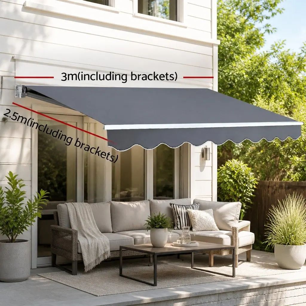 Motorised Retractable Folding Arm Awning Grey 3m x 2.5m UV-resistant Waterproof Fabric