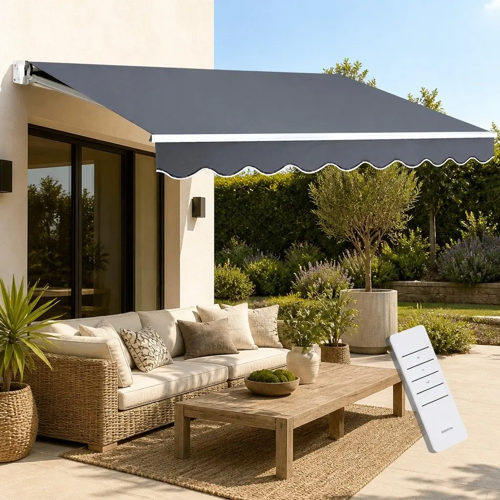 Motorised Retractable Folding Arm Awning Grey 3m x 2.5m UV-resistant Waterproof Fabric
