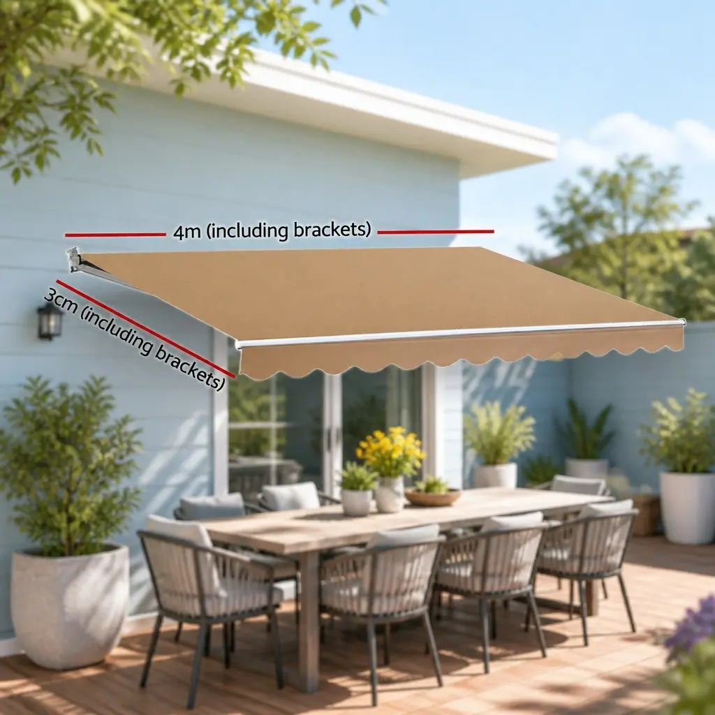 Motorised Retractable Folding Arm Awning Beige 4M x 3M UV Resistant Water Resistant Shade for Patio Garden