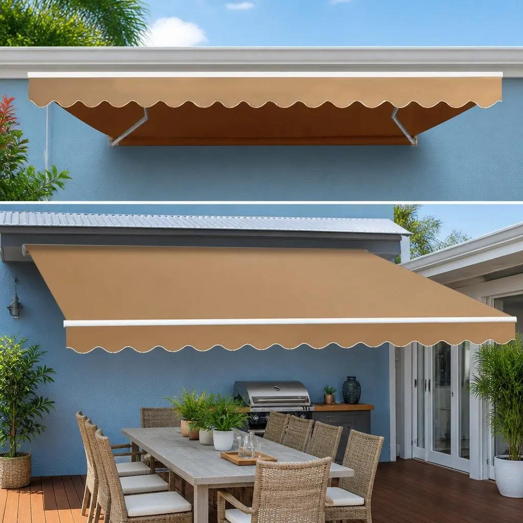 Motorised Retractable Folding Arm Awning Beige 4M x 3M UV Resistant Water Resistant Shade for Patio Garden