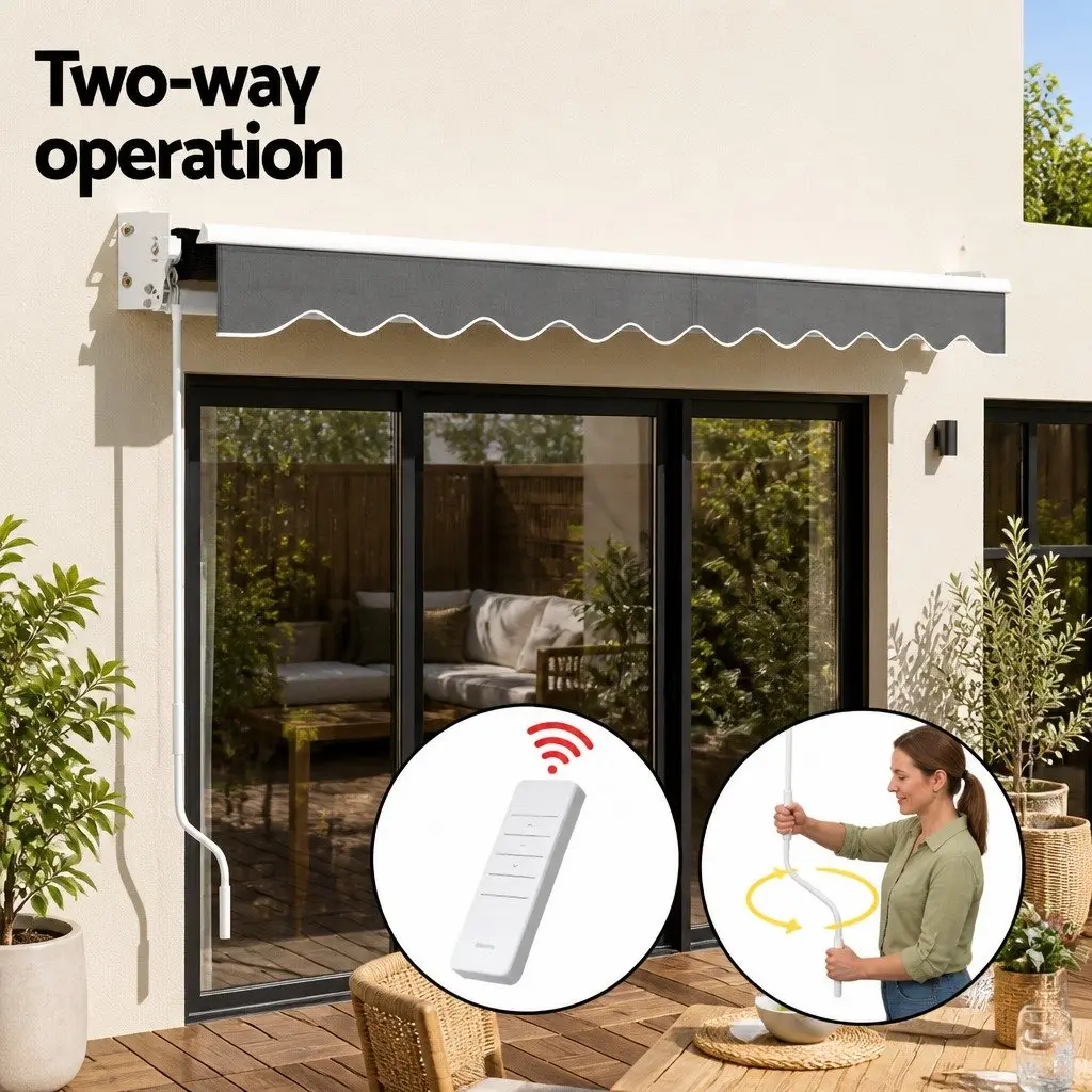 Folding Arm Awning Grey 4m x 3m Motorised Remote Control UV Resistant Water Resistant
