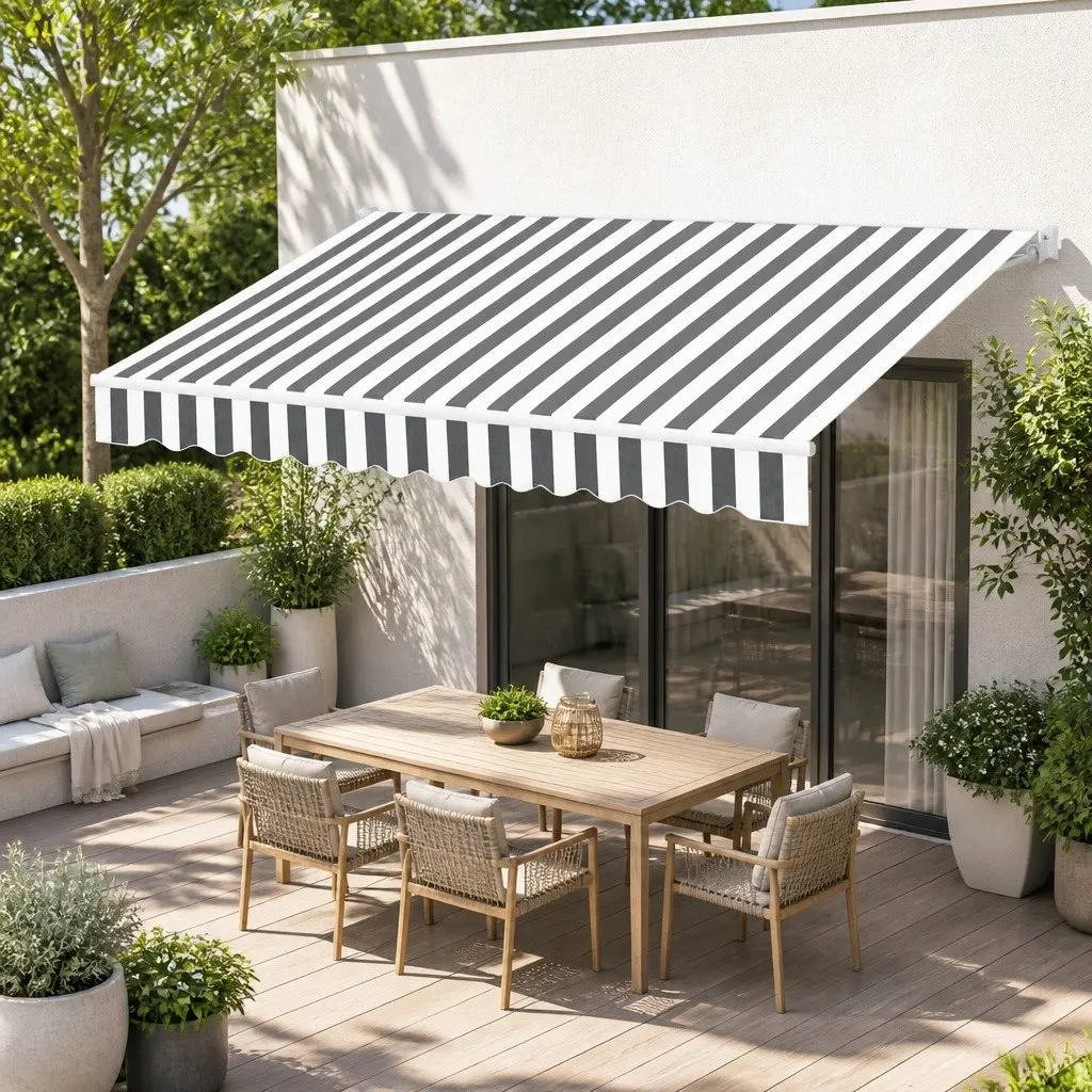 Motorised Retractable Folding Arm Awning Grey 4M x 3M Remote Control Sunshade