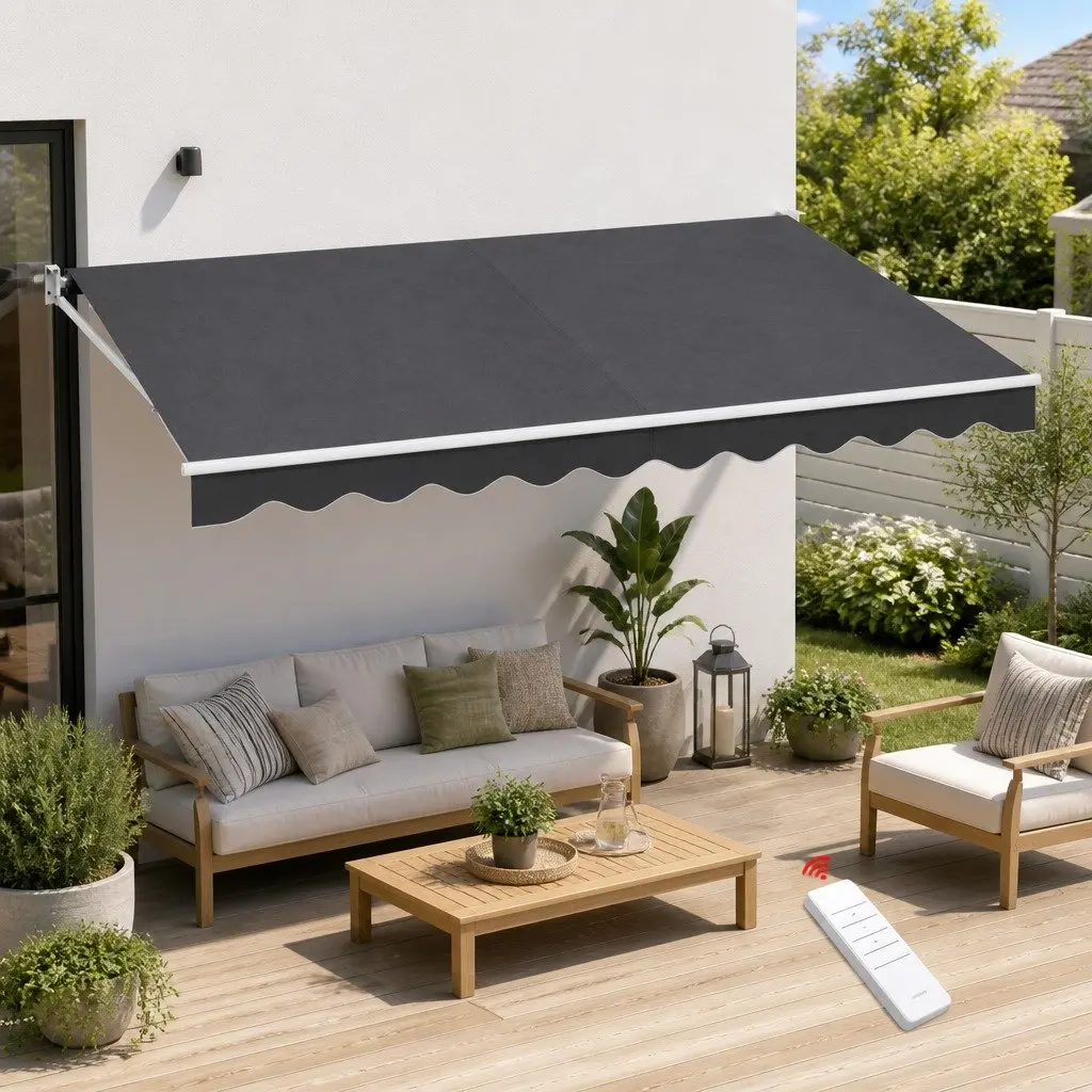 Motorised Retractable Folding Arm Awning Grey 4.5M x 2.5M UV Resistant Water Resistant