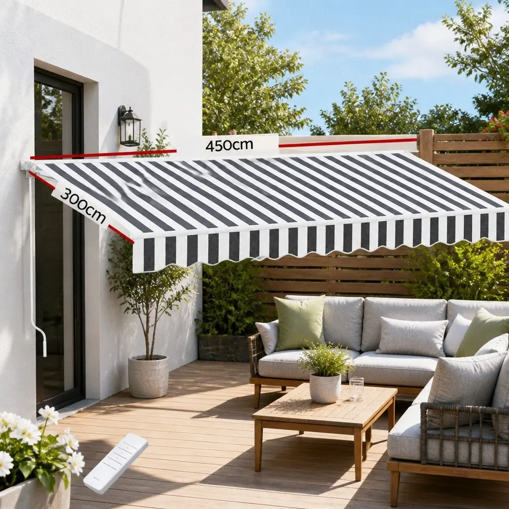 Motorised Retractable Folding Arm Awning Grey 4.5m x 3m Remote Control UV Resistant Water Resistant