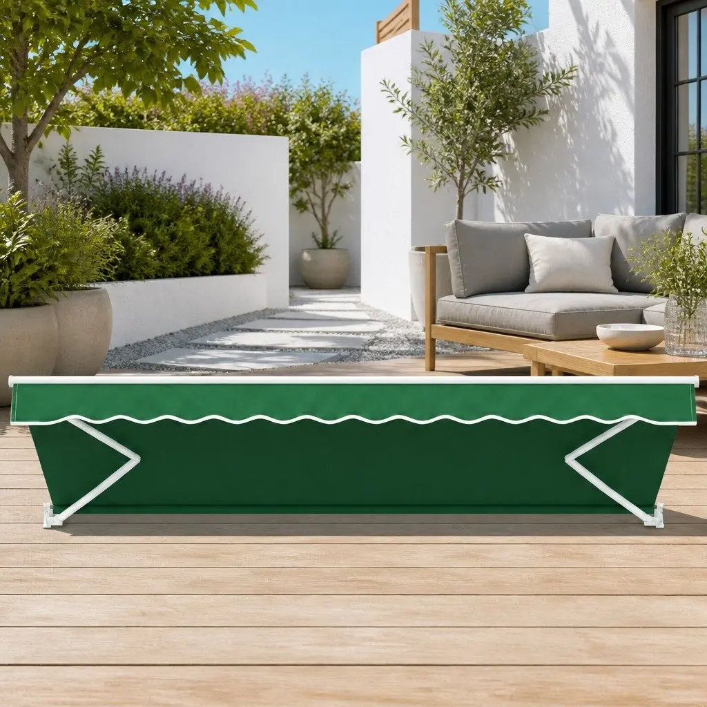 Folding Arm Awning Motorised Dark Green 5M x 3M Remote Control UV Resistant Waterproof