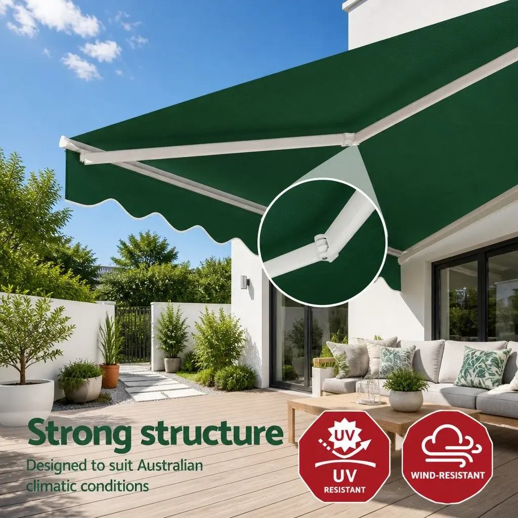 Folding Arm Awning Motorised Dark Green 5M x 3M Remote Control UV Resistant Waterproof