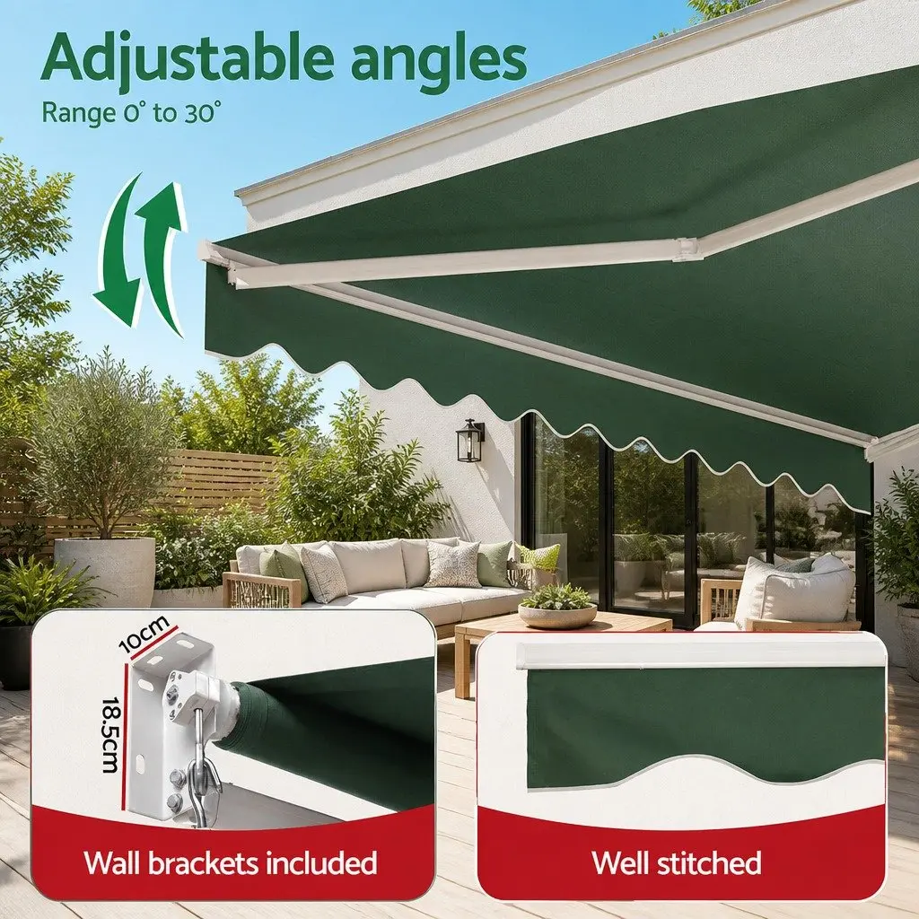 Folding Arm Awning Motorised Dark Green 5M x 3M Remote Control UV Resistant Waterproof