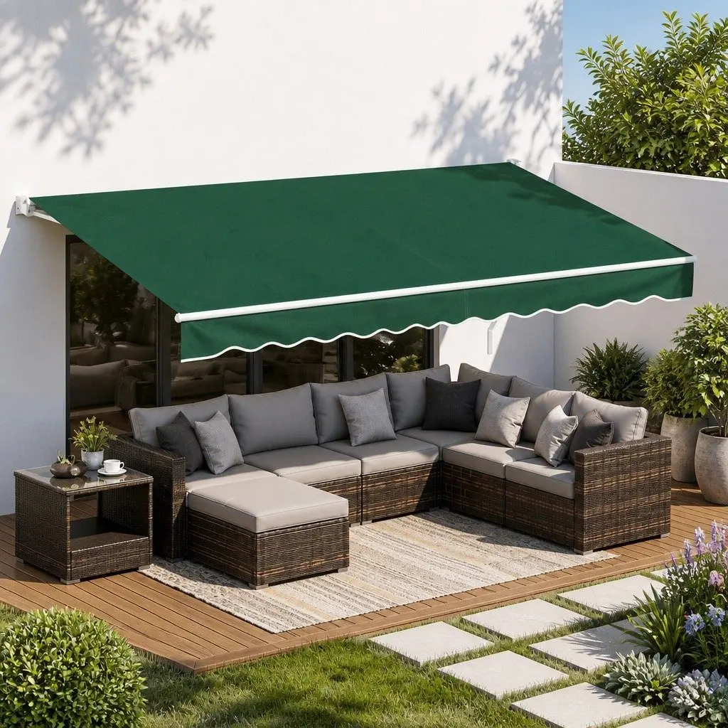 Folding Arm Awning Motorised Dark Green 5M x 3M Remote Control UV Resistant Waterproof