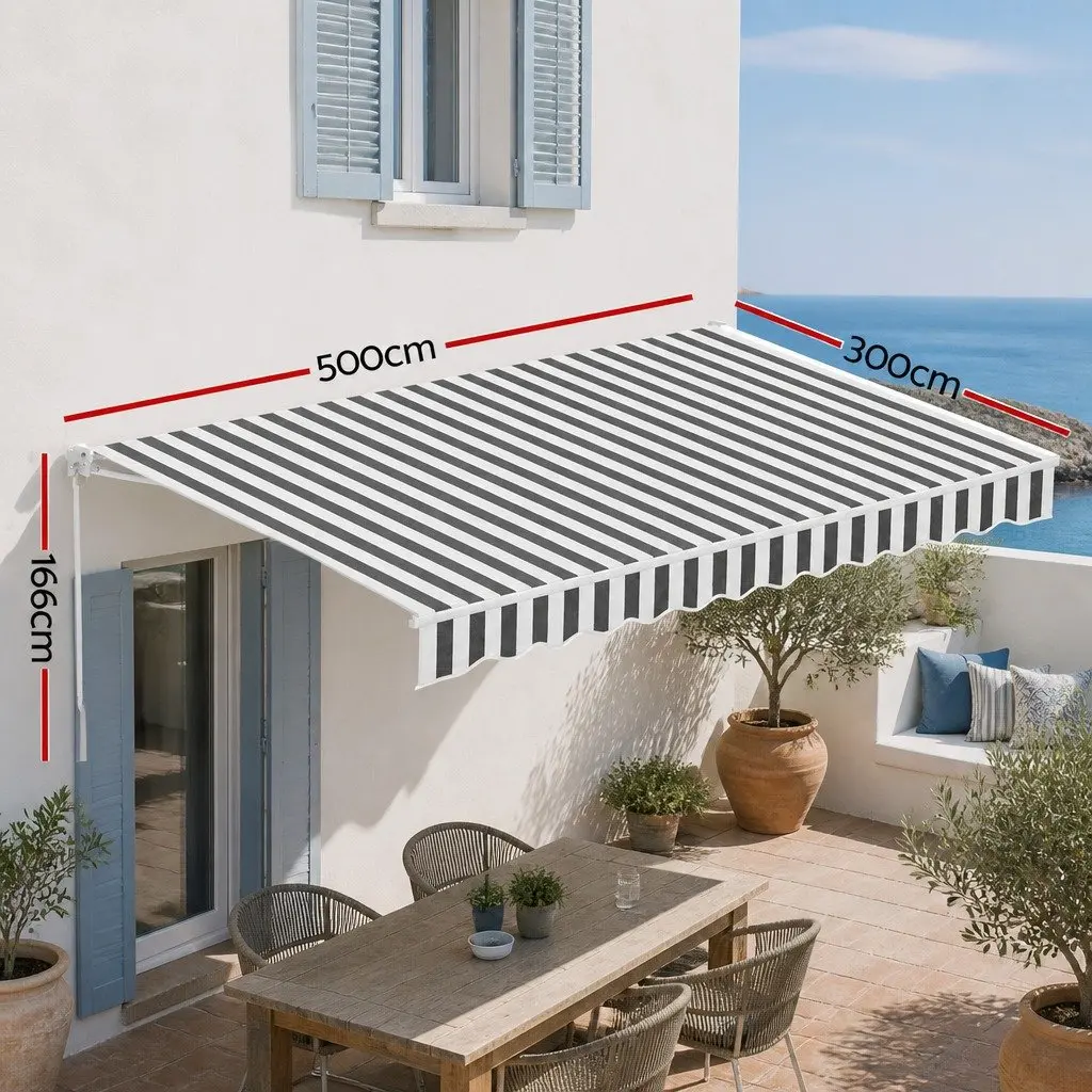 Retractable Folding Arm Awning Grey and White 5M x 3M Motorised Sunshade for Patio Garden
