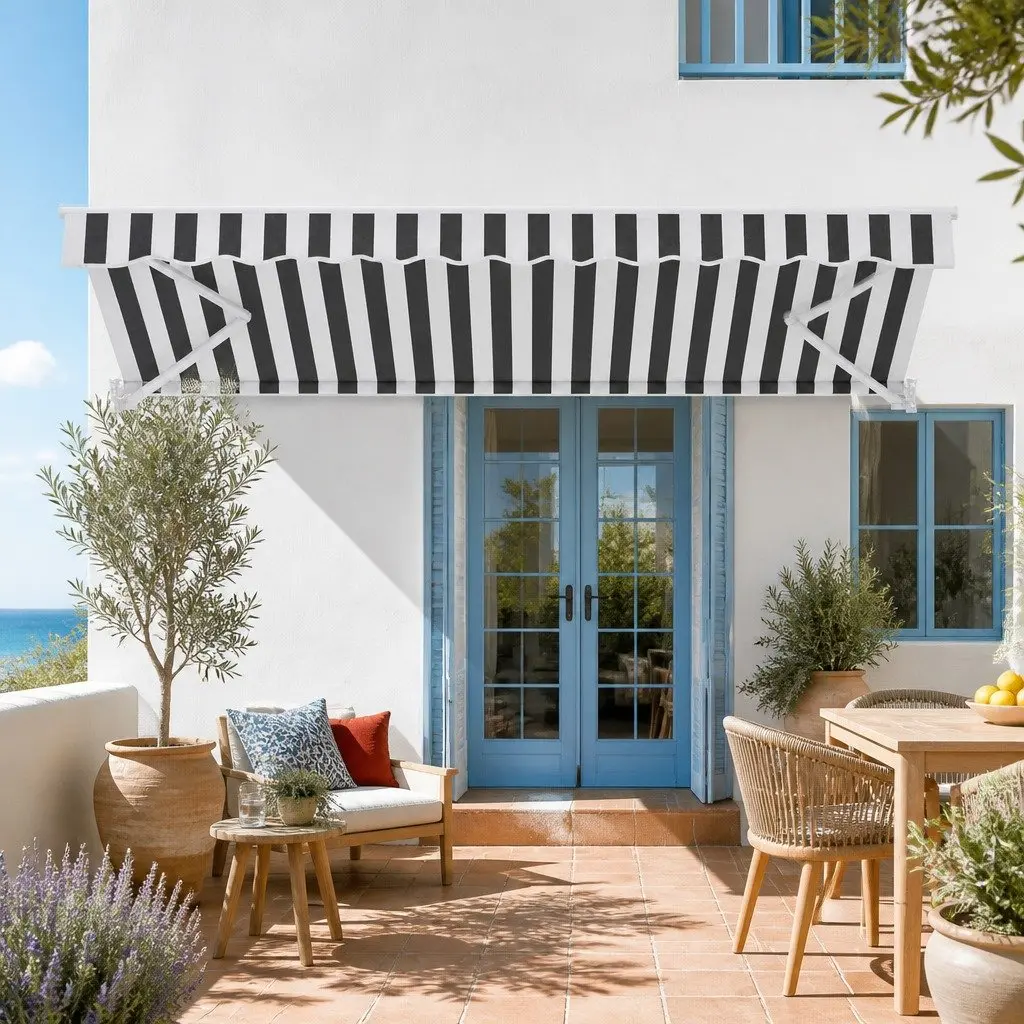 Retractable Folding Arm Awning Grey and White 5M x 3M Motorised Sunshade for Patio Garden