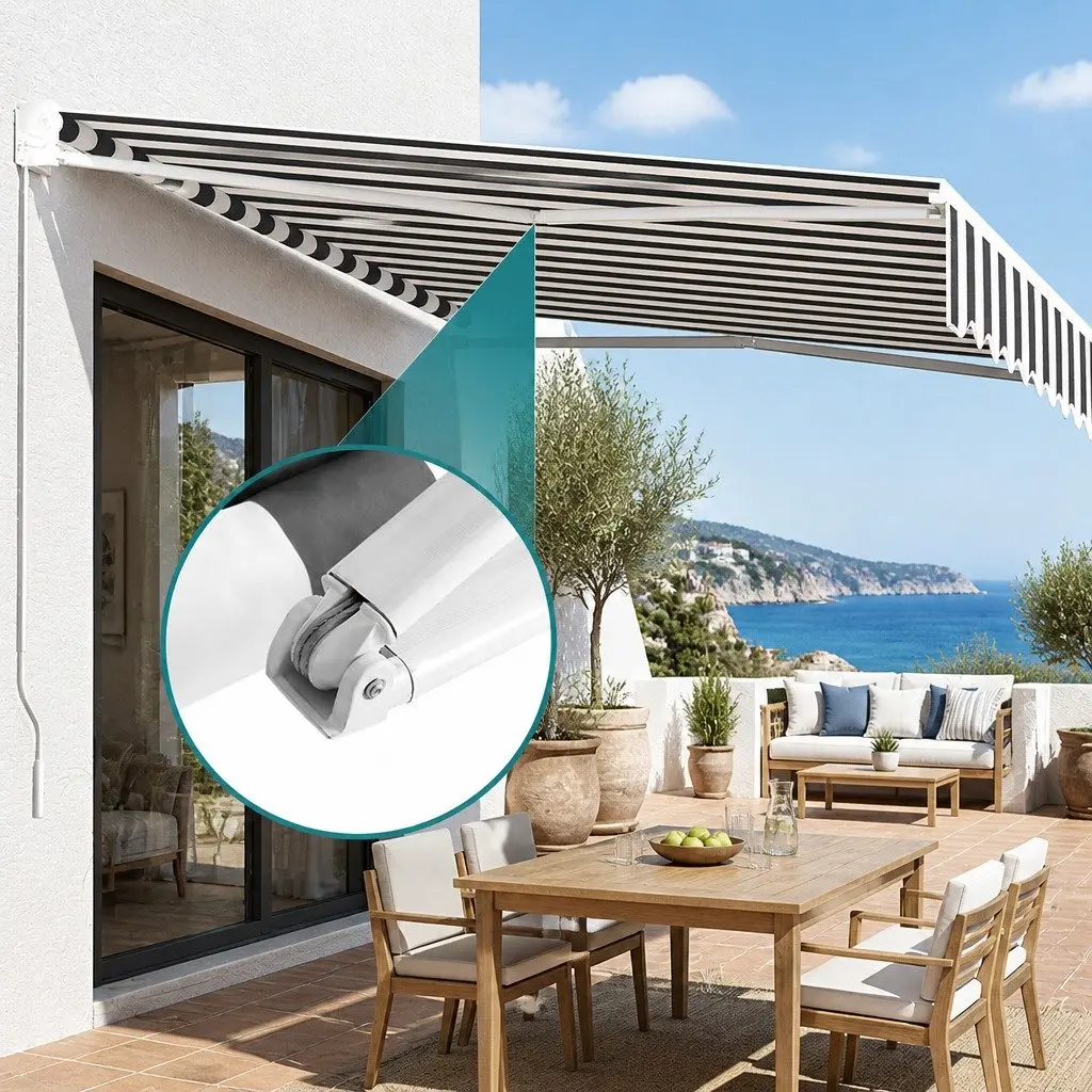 Retractable Folding Arm Awning Grey and White 5M x 3M Motorised Sunshade for Patio Garden
