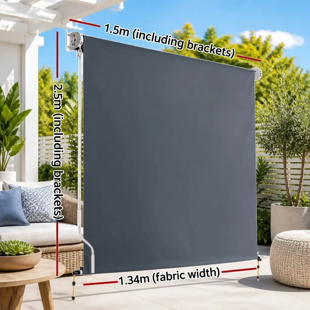 Retractable Awning Grey 1.5m x 2.5m Hand Crank Roll Down Window Shade
