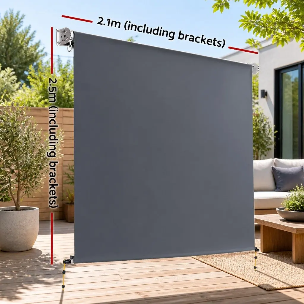 Retractable Awning Grey 2.1x2.5M Polyester Fabric Shade Aluminium Frame Hand Crank Operation