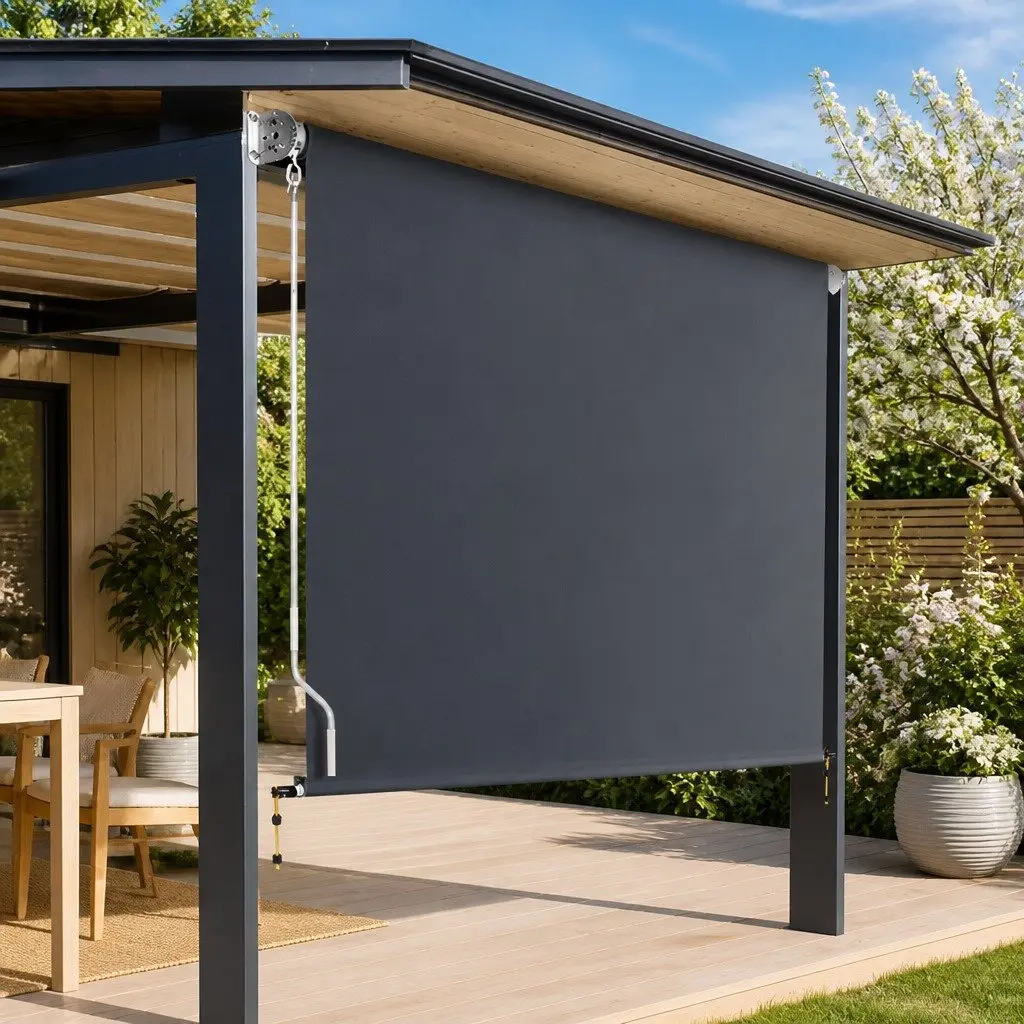 Retractable Awning Grey 2.1x2.5M Polyester Fabric Shade Aluminium Frame Hand Crank Operation