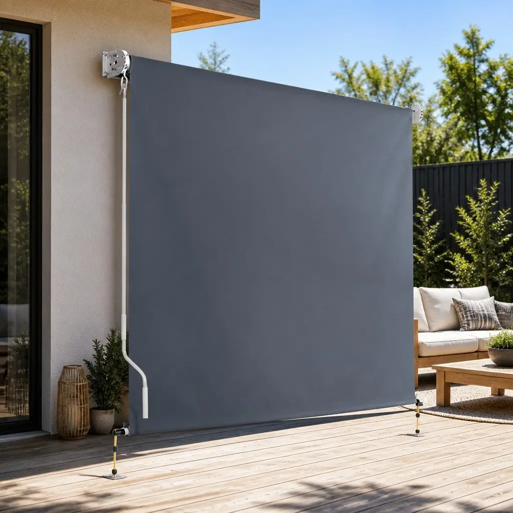 Retractable Awning Grey 2.4x2.5M Aluminium Frame Polyester Fabric Shade UV Tear Resistant