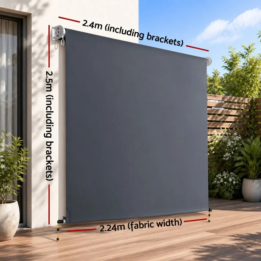 Retractable Awning Grey 2.4x2.5M Aluminium Frame Polyester Fabric Shade UV Tear Resistant