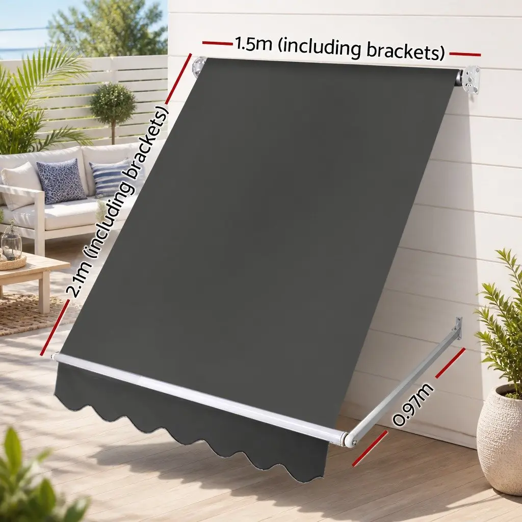 Retractable Awning Grey 1.5m x 2.1m UV Resistant Aluminum Frame Polyester Fabric