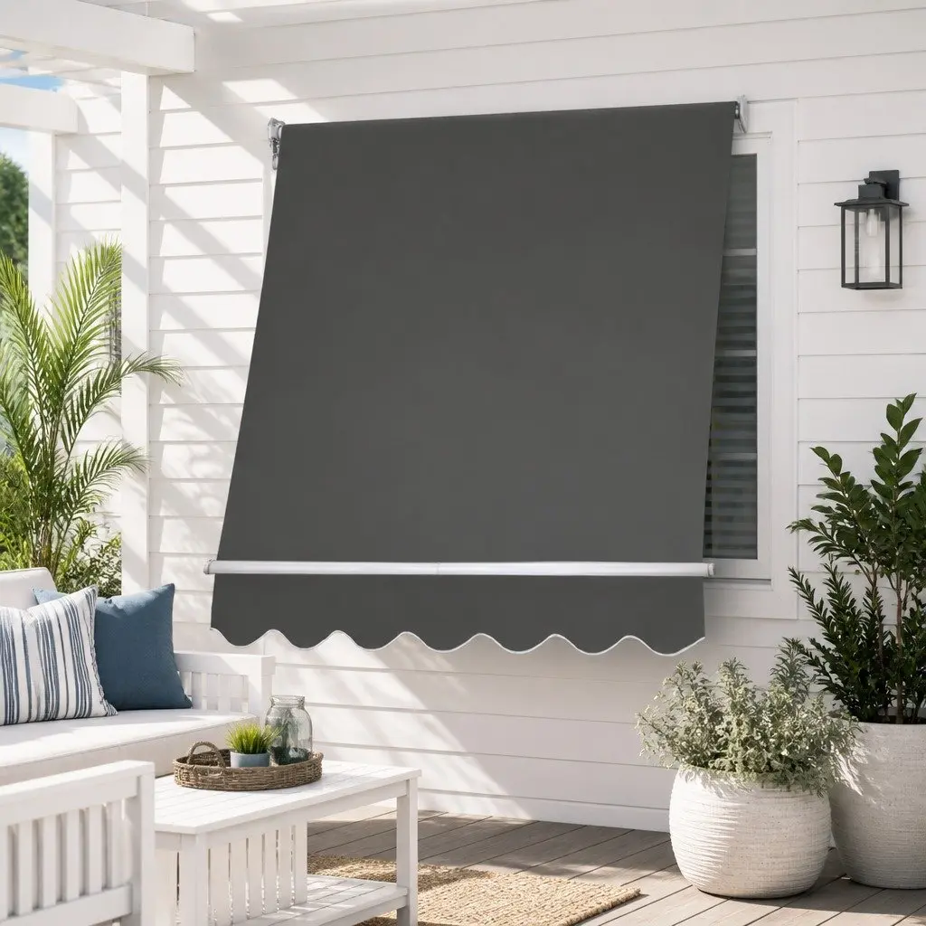 Retractable Awning Grey 1.5m x 2.1m UV Resistant Aluminum Frame Polyester Fabric