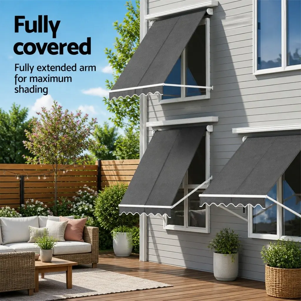 Retractable Awning Grey 2.1X2.1M Polyester Fabric UV Resistant Hand Crank Operation