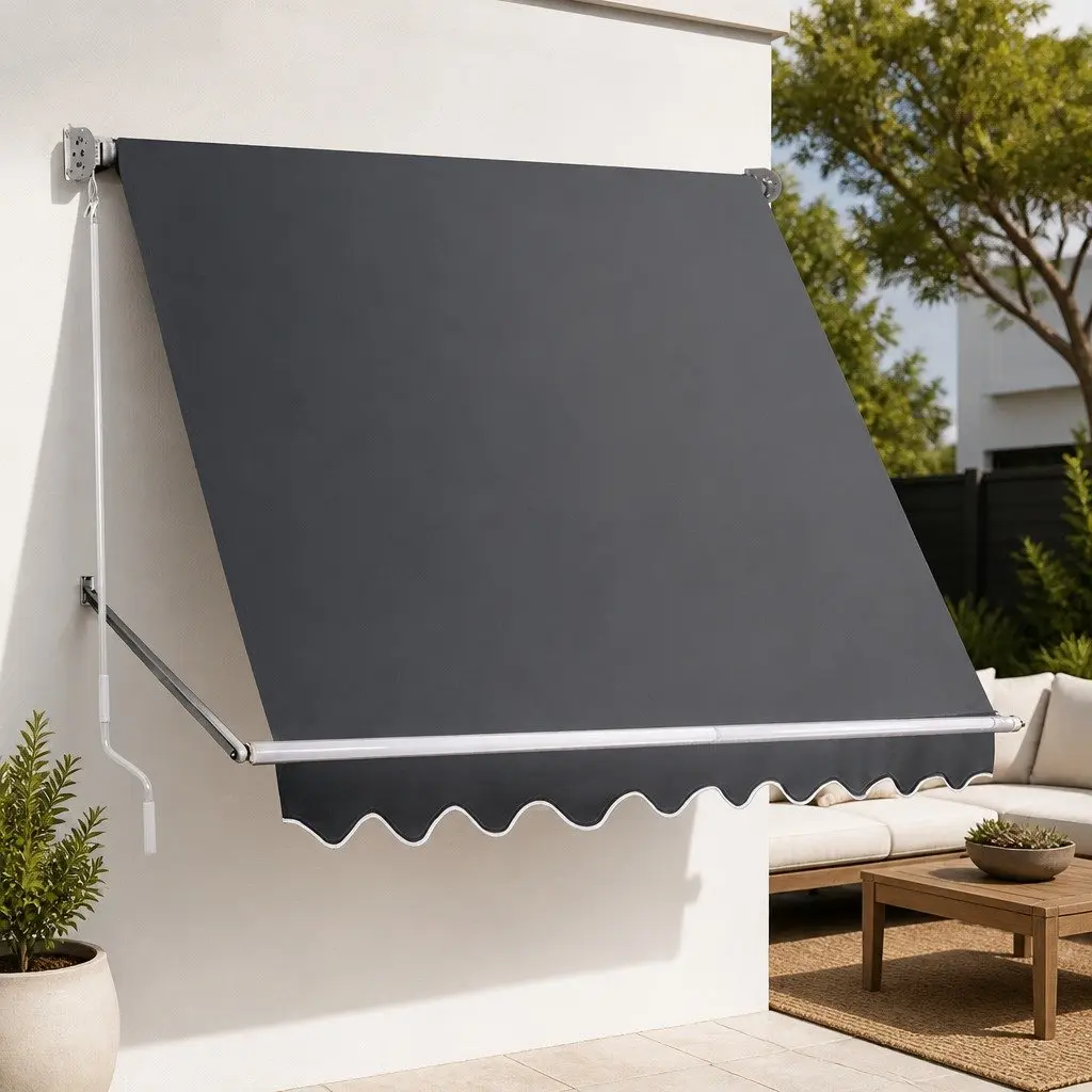 Retractable Awning Grey 2.4X2.1M Polyester Fabric UV Protection Hand Crank Operation