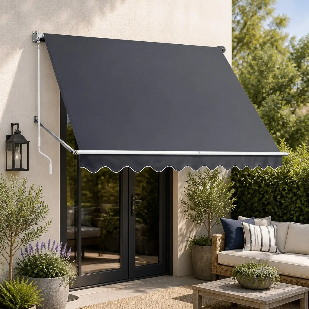 Retractable Awning Grey 2.8X2.1M Aluminum Frame Polyester Fabric UV Resistant Hand Crank Operation Wall Mounted