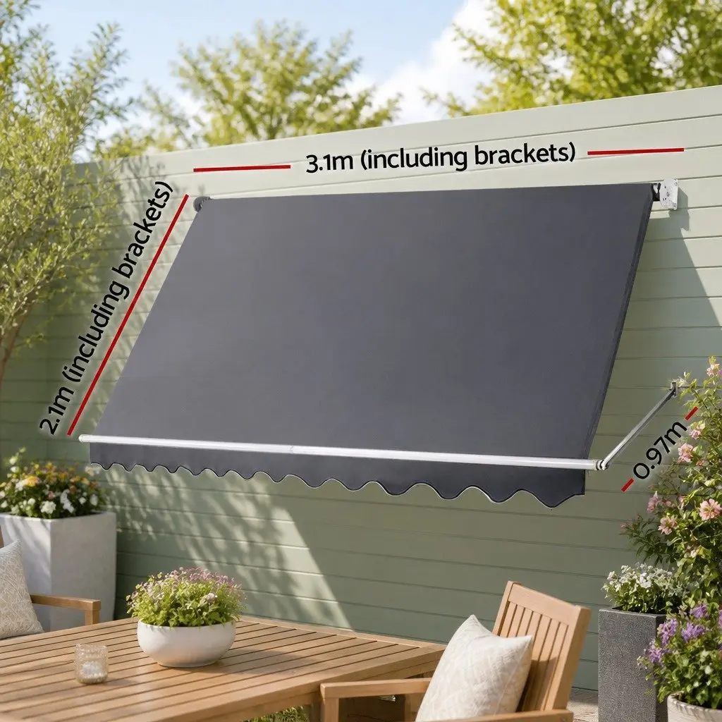 Retractable Awning Grey 3.1m x 2.1m Polyester Fabric UV Resistant Hand Crank Operation
